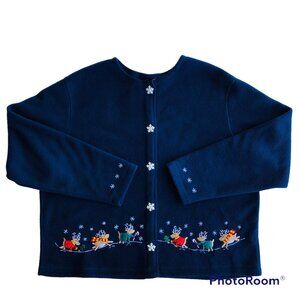 C&B Sport Croft Barrow Navy Blue Christmas Reindeer Winter Fleece Cardigan Sz L